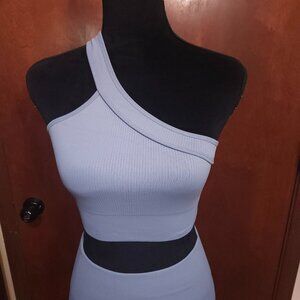 One-Shoulder Ribbed Light Blue Leggings Set